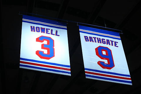 Former New York Ranger players Andy Bathgate and Harry Howell. (Photo by Bruce Bennett/Getty Images)