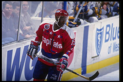 27 Jan 1993: Center Reggie Savage of the Washington Capitals looks on during a game against the Buffalo Sabres at Memorial Auditorium in Buffalo, New York. Mandatory Credit: Rick Stewart /Allsport