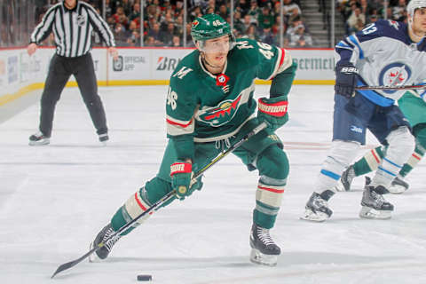 ST. PAUL, MN – APRIL 17: Jared Spurgeon #46 of the Minnesota Wild shoots the puck against the Winnipeg Jets in Game Four of the Western Conference First Round during the 2018 NHL Stanley Cup Playoffs at the Xcel Energy Center on April 17, 2018 in St. Paul, Minnesota. (Photo by Bruce Kluckhohn/NHLI via Getty Images)