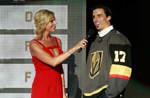 LAS VEGAS, NV – JUNE 21: Marc-Andre Fleury of the Vegas Golden Knights speaks with host Kathryn Tappen during the 2017 NHL Awards