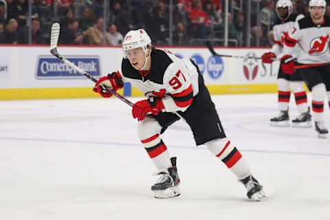 Nikita Gusev #97 of the New Jersey Devils. (Photo by Gregory Shamus/Getty Images)