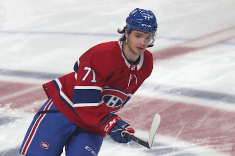 Apr 21, 2022; Montreal, Quebec, CAN; Montreal Canadiens center Jake Evans. Mandatory Credit: Jean-Yves Ahern-USA TODAY Sports