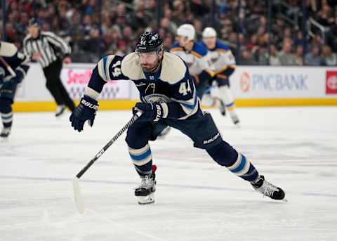 COLUMBUS, OHIO – MARCH 11: Erik Gudbranson #44 of the Columbus Blue Jackets skates down the ice during the third period against the St. Louis Blues at Nationwide Arena on March 11, 2023 in Columbus, Ohio. (Photo by Jason Mowry/Getty Images)