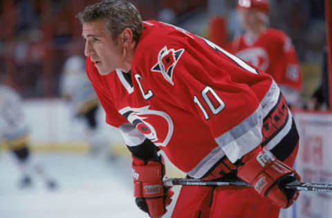 6 Nov 2001: Center Ron Francis #10 of the Carolina Hurricanes looks on during warm ups before the NHL game against the Pittsburgh Penguins at the Entertainment and Sports Arena in Raleigh, North Carolina. The Pengiuns tied the Hurricanes 2-2.Mandatory Credit: Craig Jones/Getty Images/NHLI