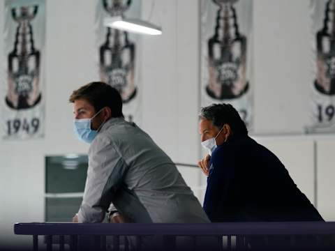 Jul 13, 2020; Toronto, Ontario, Canada; Toronto Maple Leafs general manager Kyle Dubas (left) and team president Brendan Shananhan watch a NHL workout at the Ford Performance Centre. Mandatory Credit: John E. Sokolowski-USA TODAY Sports