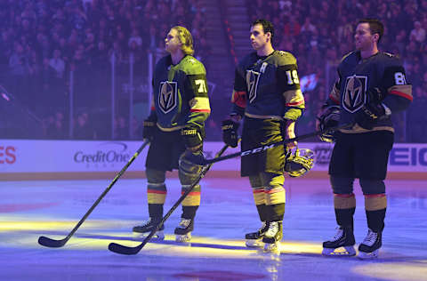 LAS VEGAS, NV – MARCH 03: Jonathan Marchessault #81, Reilly Smith #19 and William Karlsson #71 of the Vegas Golden Knights stand on the ice prior to a game against the Vancouver Canucks at T-Mobile Arena on March 3, 2019 in Las Vegas, Nevada. (Photo by Jeff Bottari/NHLI via Getty Images)