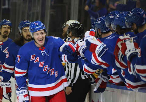 NEW YORK, NEW YORK – MARCH 25: Frank Vatrano #77 of the New York Rangers celebrates his first period goal against the Pittsburgh Penguins at Madison Square Garden on March 25, 2022 in New York City. (Photo by Bruce Bennett/Getty Images)