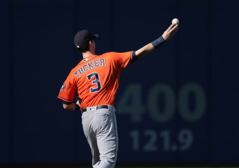 TORONTO, ON – SEPTEMBER 26: Kyle Tuccker #3 of the Houston Astros warms up in left field before the start of the inning during MLB game action against the Toronto Blue Jays at Rogers Centre on September 26, 2018 in Toronto, Canada. (Photo by Tom Szczerbowski/Getty Images)