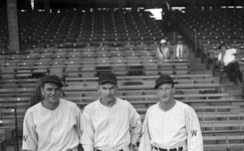 Washington’s hard hitting 1933 outfield. Heinie Manush, left fielder; Fred Schulte, centerfielder; and Goose Goslin, rightfielder.