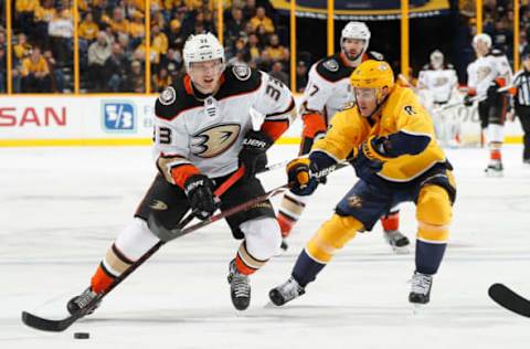 NASHVILLE, TN – MARCH 8: Jakob Silfverberg #33 of the Anaheim Ducks skates against Kyle Turris #8 of the Nashville Predators during an NHL game at Bridgestone Arena on March 8, 2018, in Nashville, Tennessee. (Photo by John Russell/NHLI via Getty Images)