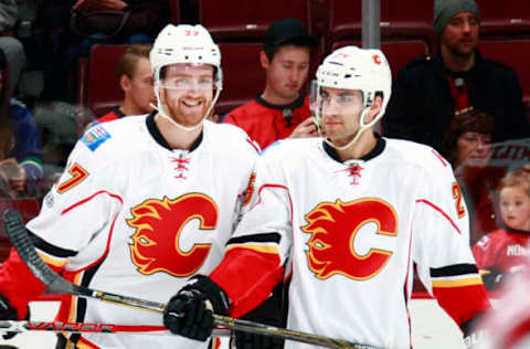 VANCOUVER, BC – JANUARY 6: Brothers Dougie Hamilton #27 and Freddie Hamilton #25 of the Calgary Flames. (Photo by Jeff Vinnick/NHLI via Getty Images)