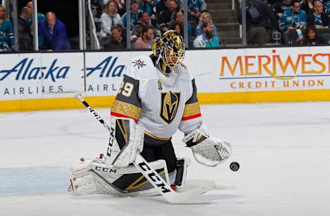 SAN JOSE, CA – MAY 06: Marc-Andre Fleury #29 of the Vegas Golden Knights saves the puck against the San Jose Sharks in Game Six of the Western Conference Second Round during the 2018 NHL Stanley Cup Playoffs at SAP Center on May 6, 2018 in San Jose, California. (Photo by Rocky W. Widner/NHL/Getty Images) *** Local Caption *** Marc-Andre Fleury