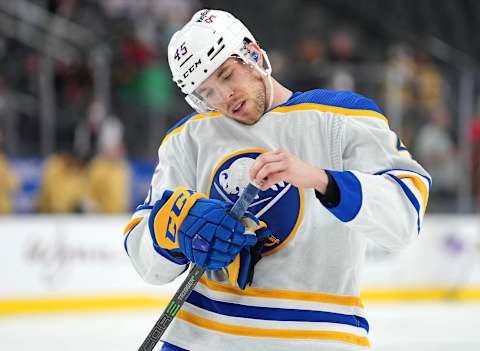 Feb 1, 2022; Las Vegas, Nevada, USA; Buffalo Sabres defenseman Casey Fitzgerald (45) before playing against the Vegas Golden Knights at T-Mobile Arena. Mandatory Credit: Stephen R. Sylvanie-USA TODAY Sports