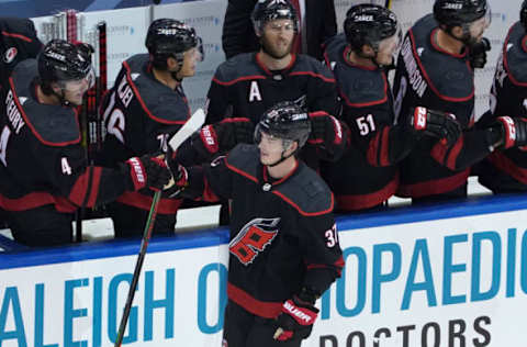 TORONTO, ONTARIO – AUGUST 03: Andrei Svechnikov #37 of the Carolina Hurricanes celebrates with teammates after scoring his second goal against the New York Rangers during the second period of Game Two of the Eastern Conference Qualification Round prior to the 2020 NHL Stanley Cup Playoffs at Scotiabank Arena on August 3, 2020, in Toronto, Ontario, Canada. (Photo by Andre Ringuette/Freestyle Photo/Getty Images)