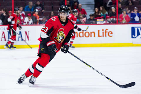 OTTAWA, ON – FEBRUARY 15: Ottawa Senators Center Nick Shore (23) skates during warm-up before National Hockey League action between the Buffalo Sabres and Ottawa Senators on February 15, 2018, at Canadian Tire Centre in Ottawa, ON, Canada. (Photo by Richard A. Whittaker/Icon Sportswire via Getty Images)