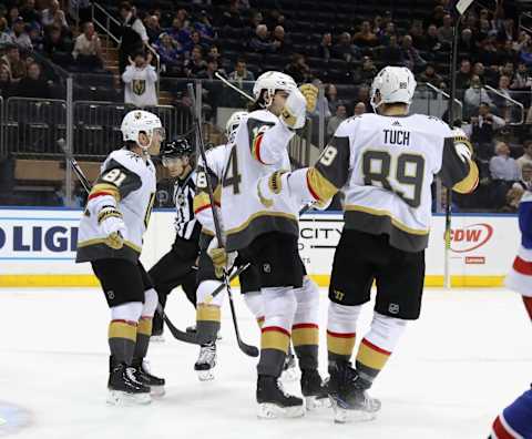 NEW YORK, NEW YORK – DECEMBER 02: Alex Tuch #89 of the Vegas Golden Knights celebrates his power-play goal at 3:50 of the first period against Henrik Lundqvist #30 of the New York Rangers at Madison Square Garden on December 02, 2019 in New York City. (Photo by Bruce Bennett/Getty Images)