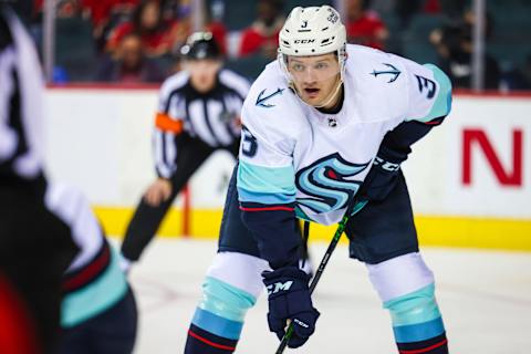 Sep 29, 2021; Calgary, Alberta, CAN; Seattle Kraken defenseman William Borgen (3) against the Calgary Flames during the third period at Scotiabank Saddledome. Mandatory Credit: Sergei Belski-USA TODAY Sports