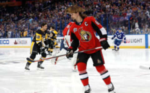 TAMPA, FL – JANUARY 27: Erik Karlsson #65 of the Ottawa Senators warms up prior to the 2018 GEICO NHL All-Star Skills Competition at Amalie Arena on January 27, 2018 in Tampa, Florida. (Photo by Mike Carlson/Getty Images)