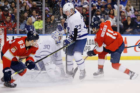 SUNRISE, FLORIDA – JANUARY 12: Jonathan Huberdeau #11 of the Florida Panthers scores a goal past goalie Michael Hutchinson #30 of the Toronto Maple Leafs. (Photo by Michael Reaves/Getty Images)