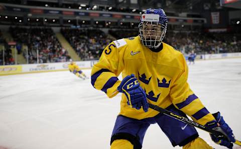 VICTORIA , BC – DECEMBER 26: Philip Broberg #25 of Sweden versus Finland at the IIHF World Junior Championships at the Save-on-Foods Memorial Centre on December 26, 2018 in Victoria, British Columbia, Canada. (Photo by Kevin Light/Getty Images)