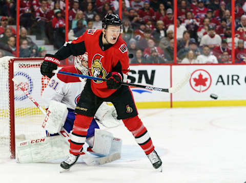 OTTAWA, ON – FEBRUARY 22: Brady Tkachuk #7 of the Ottawa Senators attempts to tip the puck in front of Carey Price #31 of the Montreal Canadiens in the second periodmat Canadian Tire Centre on February 22, 2020 in Ottawa, Ontario, Canada. (Photo by Jana Chytilova/Freestyle Photography/Getty Images)