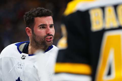 BOSTON, MA – APRIL 13: Nazem Kadri #43 of the Toronto Maple Leafs reacts after a fight with Jake DeBrusk #74 of the Boston Bruins in Game Two of the Eastern Conference First Round during the 2019 NHL Stanley Cup Playoffs at TD Garden on April 13, 2019, in Boston, Massachusetts. (Photo by Adam Glanzman/Getty Images)