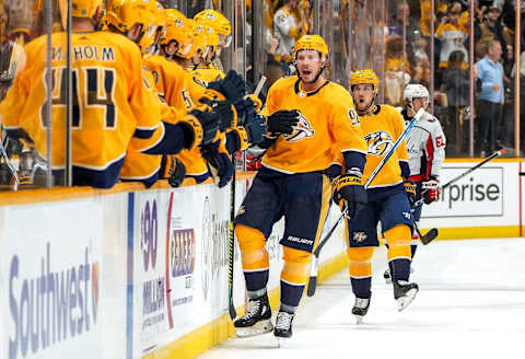 NASHVILLE, TN – OCTOBER 10: Ryan Johansen #92 and Viktor Arvidsson #33 of the Nashville Predators celebrate a goal against the Washington Capitals at Bridgestone Arena on October 10, 2019 in Nashville, Tennessee. (Photo by John Russell/NHLI via Getty Images)