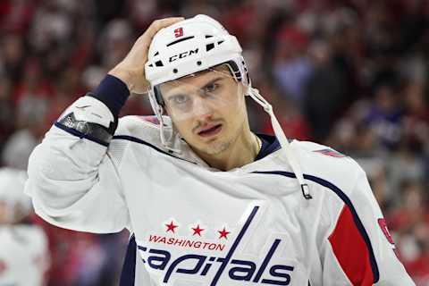 RALEIGH, NC – APRIL 18: Washington Capitals defenseman Dmitry Orlov (9) skates in a timeout during a game between the Carolina Hurricanes and the Washington Capitals on April 18, 2019, at the PNC Arena in Raleigh, NC. (Photo by Greg Thompson/Icon Sportswire via Getty Images)