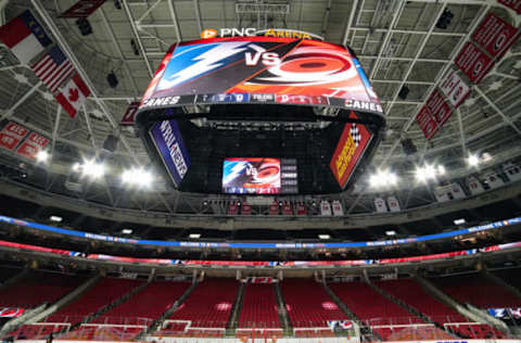 RALEIGH, NC – OCTOBER 06: View of the new video board before a game between the Tampa Bay Lightning and the Carolina Hurricanes at the PNC Arena in Raleigh, NC on October 6, 2019.(Photo by Greg Thompson/Icon Sportswire via Getty Images)