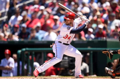 WASHINGTON, DC – JULY 08: Bryce Harper #34 of the Washington Nationals prepares for a pitch during a baseball game against the Miami Marlins at Nationals Park on July 8, 2018 in Washington, DC. The Marlins won 10-2. (Photo by Mitchell Layton/Getty Images)