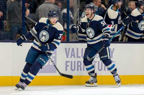 COLUMBUS, OH – NOVEMBER 15: Columbus Blue Jackets left wing Markus Hannikainen (37) reacts after scoring a goal in a game between the Columbus Blue Jackets and the Florida Panthers on November 15, 2018 at Nationwide Arena in Columbus, OH.(Photo by Adam Lacy/Icon Sportswire via Getty Images)