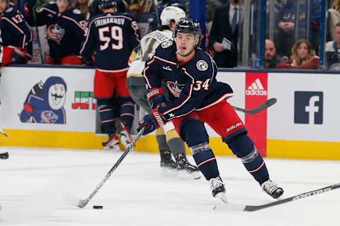 Nov 28, 2022; Columbus, Ohio, USA; Columbus Blue Jackets center Cole Sillinger (34) carries the puck against the Vegas Golden Knights during the first period at Nationwide Arena. Mandatory Credit: Russell LaBounty-USA TODAY Sports