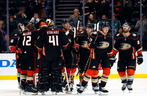 ANAHEIM, CALIFORNIA – MARCH 06: Anthony Stolarz #41 of the Anaheim Ducks celebrates a win against the San Jose Sharks in overtime at Honda Center on March 06, 2022 in Anaheim, California. (Photo by Ronald Martinez/Getty Images)