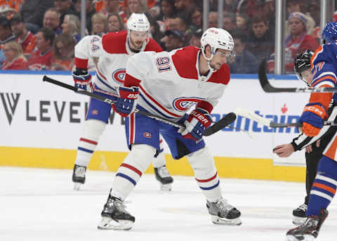 EDMONTON, CANADA – DECEMBER 3: Sean Monahan #91 of the Montreal Canadiens awaits a face off during the game in the first period against the Edmonton Oilers on December 3, 2022 at Rogers Place in Edmonton, Alberta, Canada. (Photo by Lawrence Scott/Getty Images)