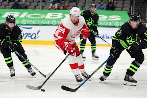 DALLAS, TEXAS – JANUARY 28: Bobby Ryan #54 of the Detroit Red Wings and Esa Lindell #23 of the Dallas Stars in the  . (Photo by Ronald Martinez/Getty Images)