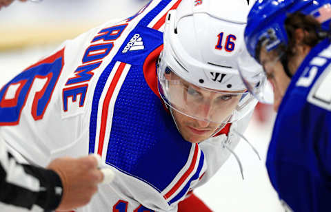 TAMPA, FLORIDA – NOVEMBER 14: Ryan Strome #16 of the New York Rangers faces off during a game against the Tampa Bay Lightning at Amalie Arena on November 14, 2019 in Tampa, Florida. (Photo by Mike Ehrmann/Getty Images)