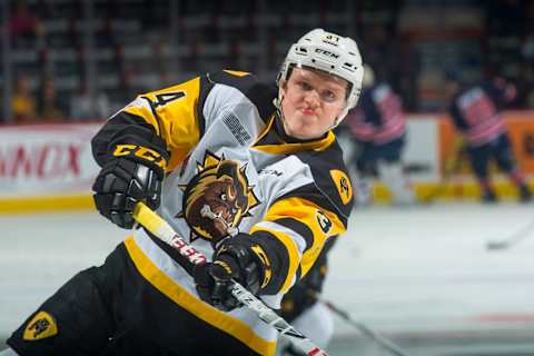 REGINA, SK – MAY 25: Arthur Kaliyev #34 of Hamilton Bulldogs warms up with a shot on net against the Regina Pats at Brandt Centre – Evraz Place on May 25, 2018 in Regina, Canada. (Photo by Marissa Baecker/Getty Images)