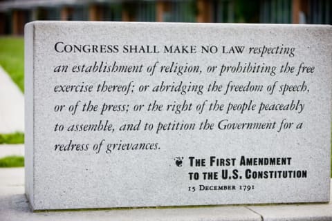 First Amendment engraved on a stone