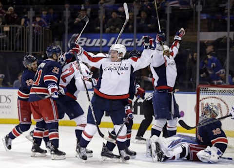 Jan 9, 2016; New York, NY, USA; Washington Capitals center Nicklas Backstrom (19) celebrates after scoring a goal past New York Rangers goalie Henrik Lundqvist (30) during the third period of an NHL hockey game at Madison Square Garden. The Capitals defeated the Rangers 4-3 in overtime. Mandatory Credit: Adam Hunger-USA TODAY Sports