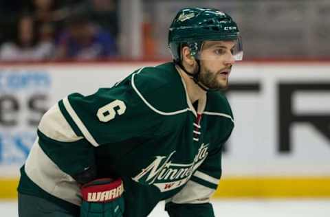 Mar 22, 2016; Saint Paul, MN, USA; Minnesota Wild defenseman Marco Scandella (6) between the Los Angeles Kings and Minnesota Wild at Xcel Energy Center. The Wild defeated the Kings 2-1. Mandatory Credit: Brace Hemmelgarn-USA TODAY Sports