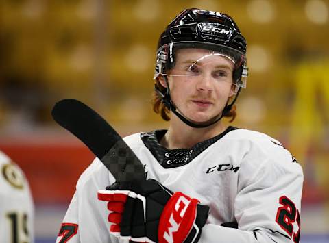 KITCHENER, ONTARIO – MARCH 23: Jagger Firkus #11 of Team White skates during morning skate prior to the 2022 CHL/NHL Top Prospects Game at Kitchener Memorial Auditorium on March 23, 2022 in Kitchener, Ontario. (Photo by Chris Tanouye/Getty Images)