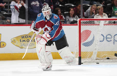 DENVER, CO – NOVEMBER 22: Goaltender Andrew Hammond #35 of the Colorado Avalanche skates during warm ups prior to the game against the Dallas Stars at the Pepsi Center on November 22, 2017 in Denver, Colorado. (Photo by Michael Martin/NHLI via Getty Images)