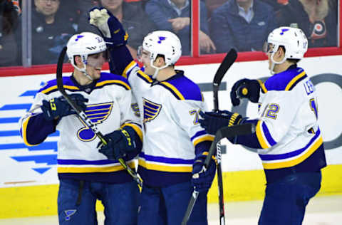 Vegas Golden Knights: St. Louis Blues left wing Kenny Agostino (73) celebrates his goal with left wing Kenny Agostino (73) and center Jori Lehtera (12) against the Philadelphia Flyers during the third period at Wells Fargo Center. The Blues defeated the Flyers, 2-0. Mandatory Credit: Eric Hartline-USA TODAY Sports