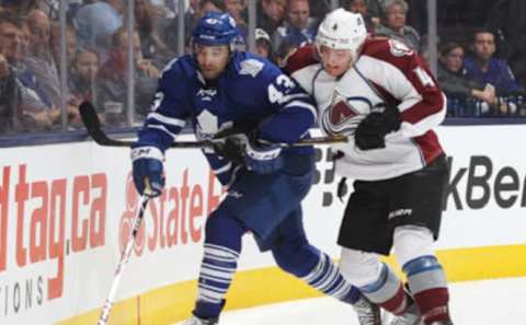 Toronto Maple Leafs – Tyson Barrie battles Nazem Kadri (Photo by Claus Andersen/Getty Images)