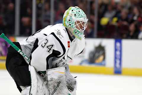 CLEVELAND, OH – APRIL 06: San Antonio Rampage goalie Adam Werner (34) on the ice during the second period of the American Hockey League game between the San Antonio Rampage and Cleveland Monsters on April 6, 2018, at Quicken Loans Arena in Cleveland, OH. Cleveland defeated San Antonio 6-3. (Photo by Frank Jansky/Icon Sportswire via Getty Images)