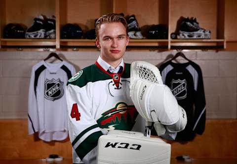 PHILADELPHIA, PA – JUNE 28: Kaapo Kahkonen, 109th overall pick of the Minnesota Wild, poses for a portrait during the 2014 NHL Entry Draft at Wells Fargo Center on June 28, 2014 in Philadelphia, Pennsylvania. (Photo by Jeff Vinnick/NHLI via Getty Images)