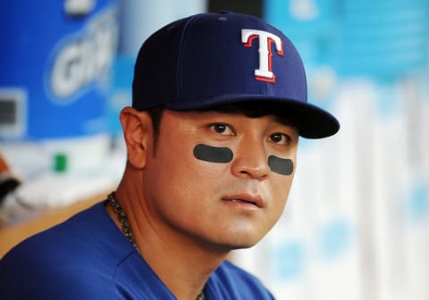 ANAHEIM, CA – SEPTEMBER 10: Texas Rangers right fielder Shin-Soo Chhoo (17) in the dugout before a game against the Los Angeles Angels of Anaheim played on September 10, 2018 at Angel Stadium of Anaheim in Anaheim, CA. (Photo by John Cordes/Icon Sportswire via Getty Images)