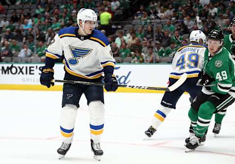 DALLAS, TEXAS – SEPTEMBER 16: Klim Kostin #37 of the St. Louis Blues during a NHL preseason game at American Airlines Center on September 16, 2019 in Dallas, Texas. (Photo by Ronald Martinez/Getty Images)