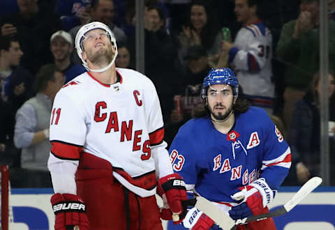 Mika Zibanejad – New York Rangers and Jordan Staal – Carolina Hurricanes (Photo by Bruce Bennett/Getty Images)