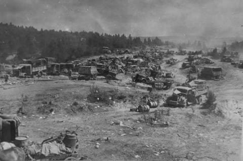 A field of abandoned vehicles in Belarus after German troops retreated from the Soviet advance.